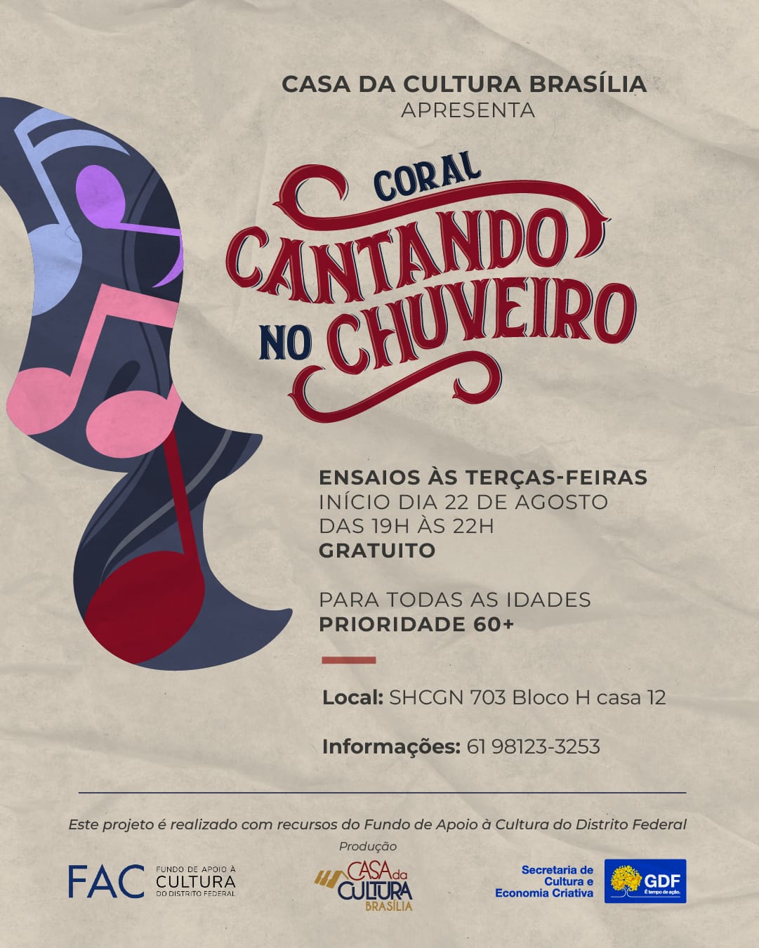 INSCRIÇÕES ABERTAS PARA PARTICIPAR DO CORAL CANTANDO NO CHUVEIRO