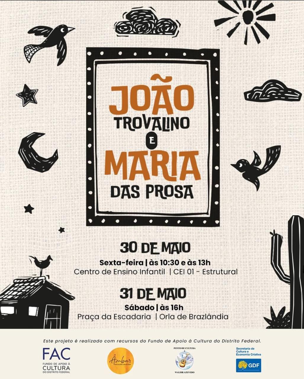 Espetáculo “João Trovalino e Maria das Prosa” encanta crianças e famílias com teatro de bonecos e música no DF